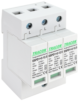 Descarcator de supratensiune 3 poli T1+T2,AC, element modul înlocuibil Tracon