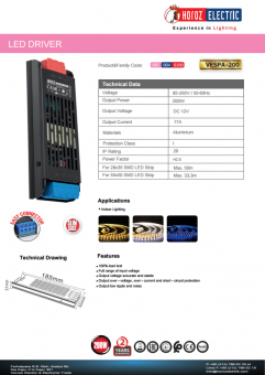 Transformator led 200W 12V DC VESPA-200/12